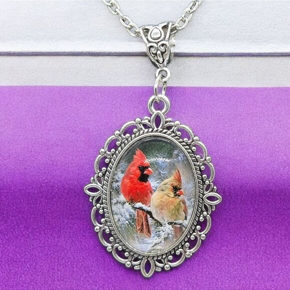 Red Cardinal Portrait Cabochon Silver Glass Dome Spiritual Memory Bird Necklace - Picture 1 of 10